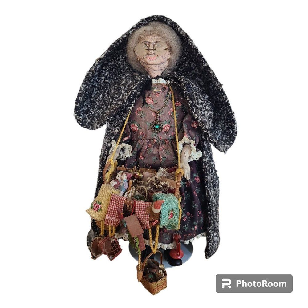 Vintage Artisan OOAK Handcrafted Old Woman Peddler Doll With Treasures And Stand